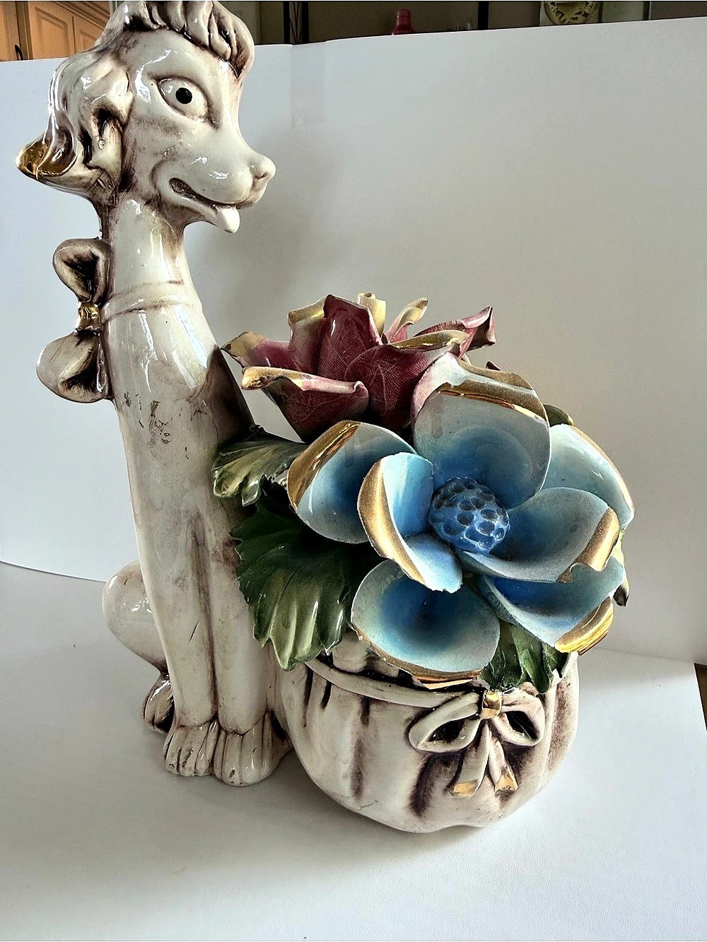 Vintage Large Capodimonte Italian Ceramic Floral Poodle Planter